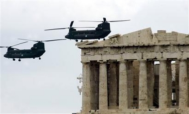 Chinook helicopters fly over Parthenon, on the ancient Acropolis during a parade in Athens on Saturday, commemorating Greek Independence Day. The national holiday marks the start of Greece's 1821 war of indepedence against the 400-year Ottoman rule.